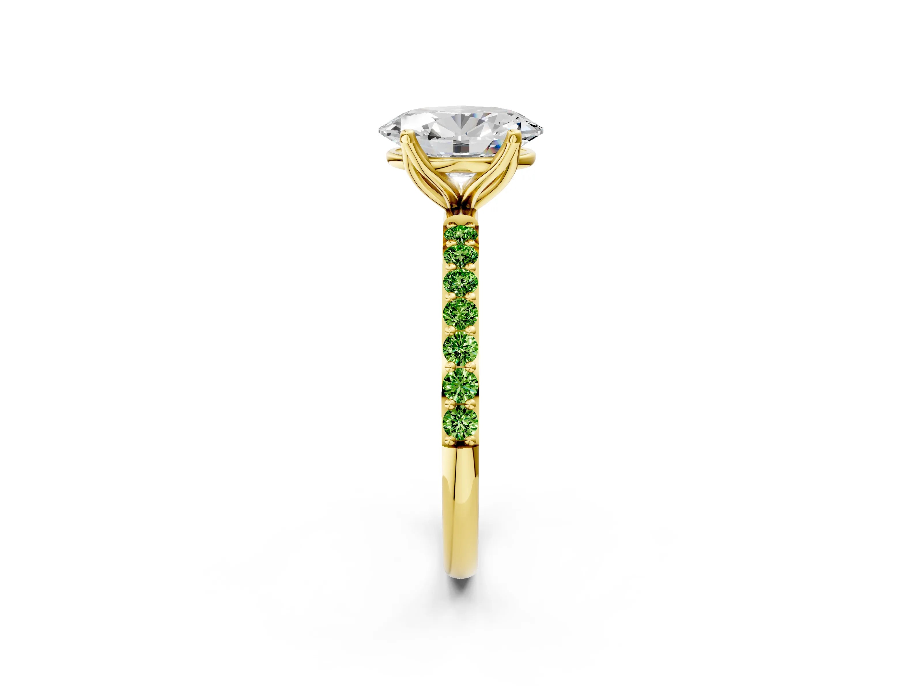 Yellow gold Oval Cut Diamond Solitaire Engagement Ring with Round with Peridot side stone Pavé Band and Prong Setting_2