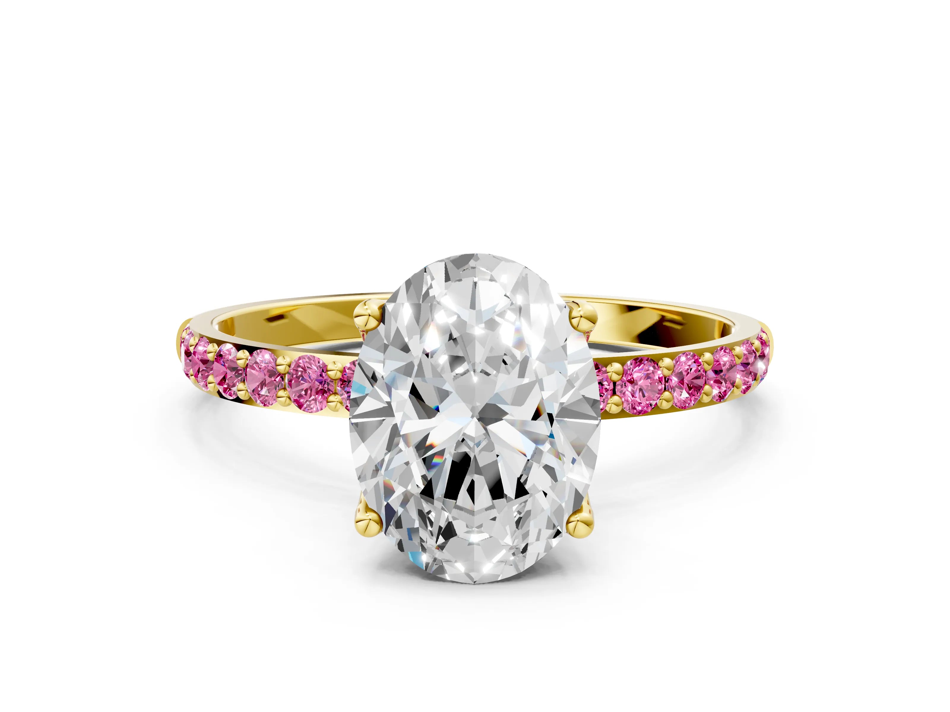 Yellow gold Oval Cut Diamond Solitaire Engagement Ring with Round with Pink Sapphire side stone Pavé Band and Prong Setting