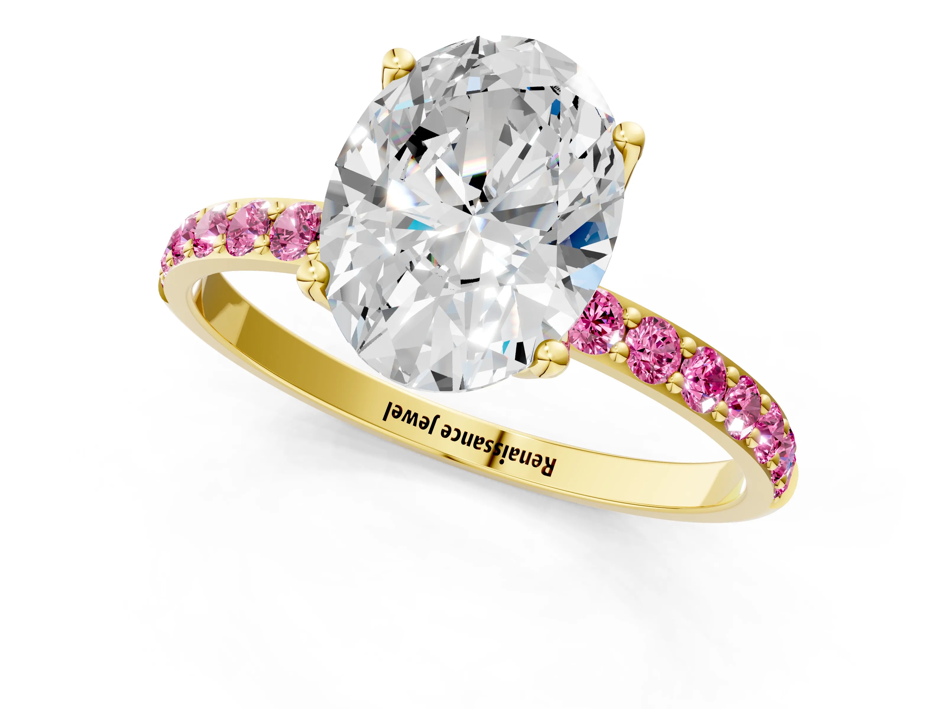 Yellow gold Oval Cut Diamond Solitaire Engagement Ring with Round with Pink Sapphire side stone Pavé Band and Prong Setting_1
