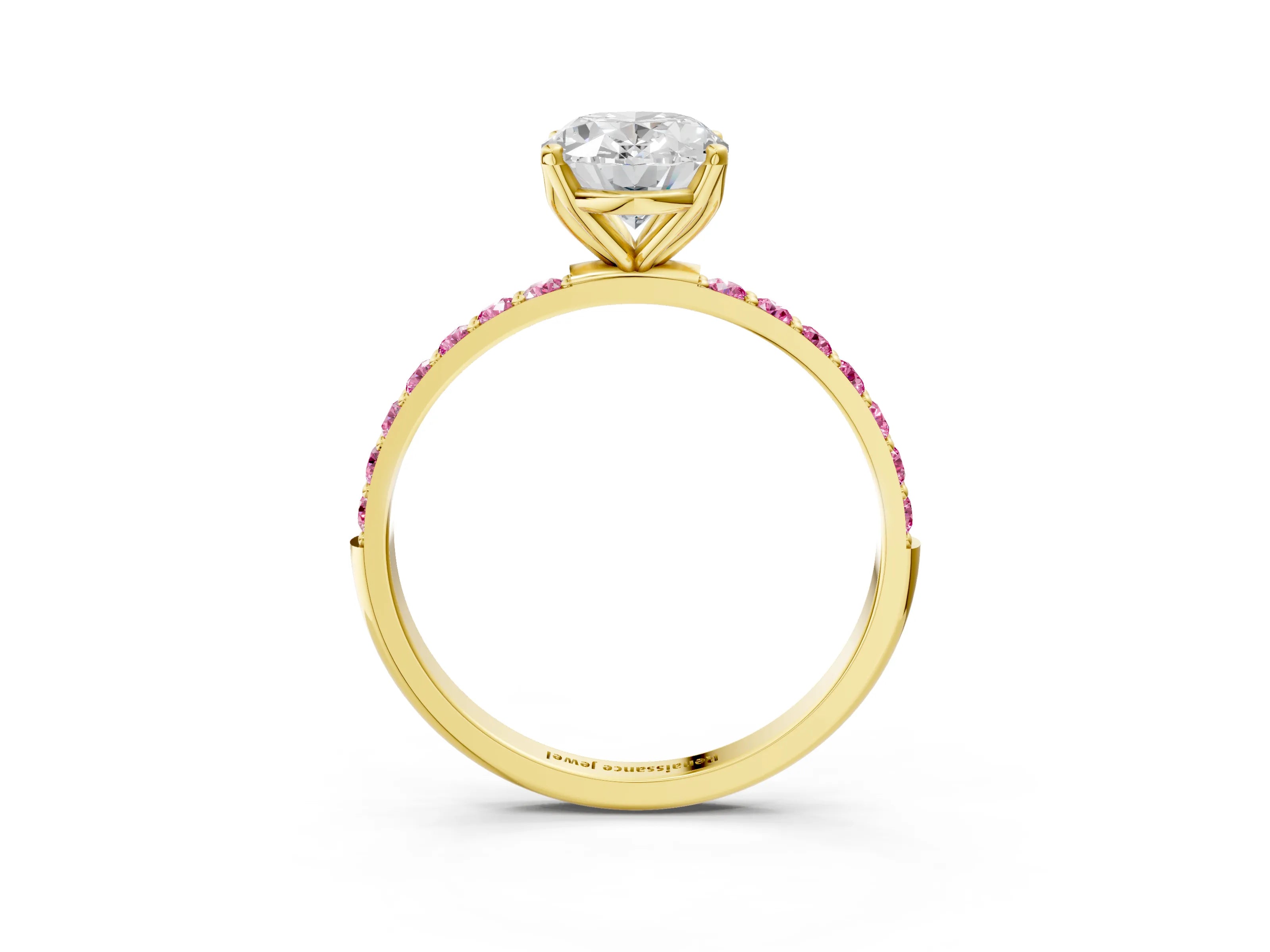 Yellow gold Oval Cut Diamond Solitaire Engagement Ring with Round with Pink Sapphire side stone Pavé Band and Prong Setting_3