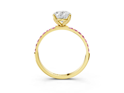 Yellow gold Oval Cut Diamond Solitaire Engagement Ring with Round with Pink Sapphire side stone Pavé Band and Prong Setting_3