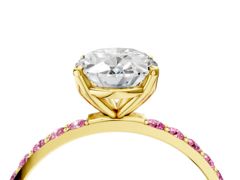 Yellow gold Oval Cut Diamond Solitaire Engagement Ring with Round with Pink Sapphire side stone Pavé Band and Prong Setting_4