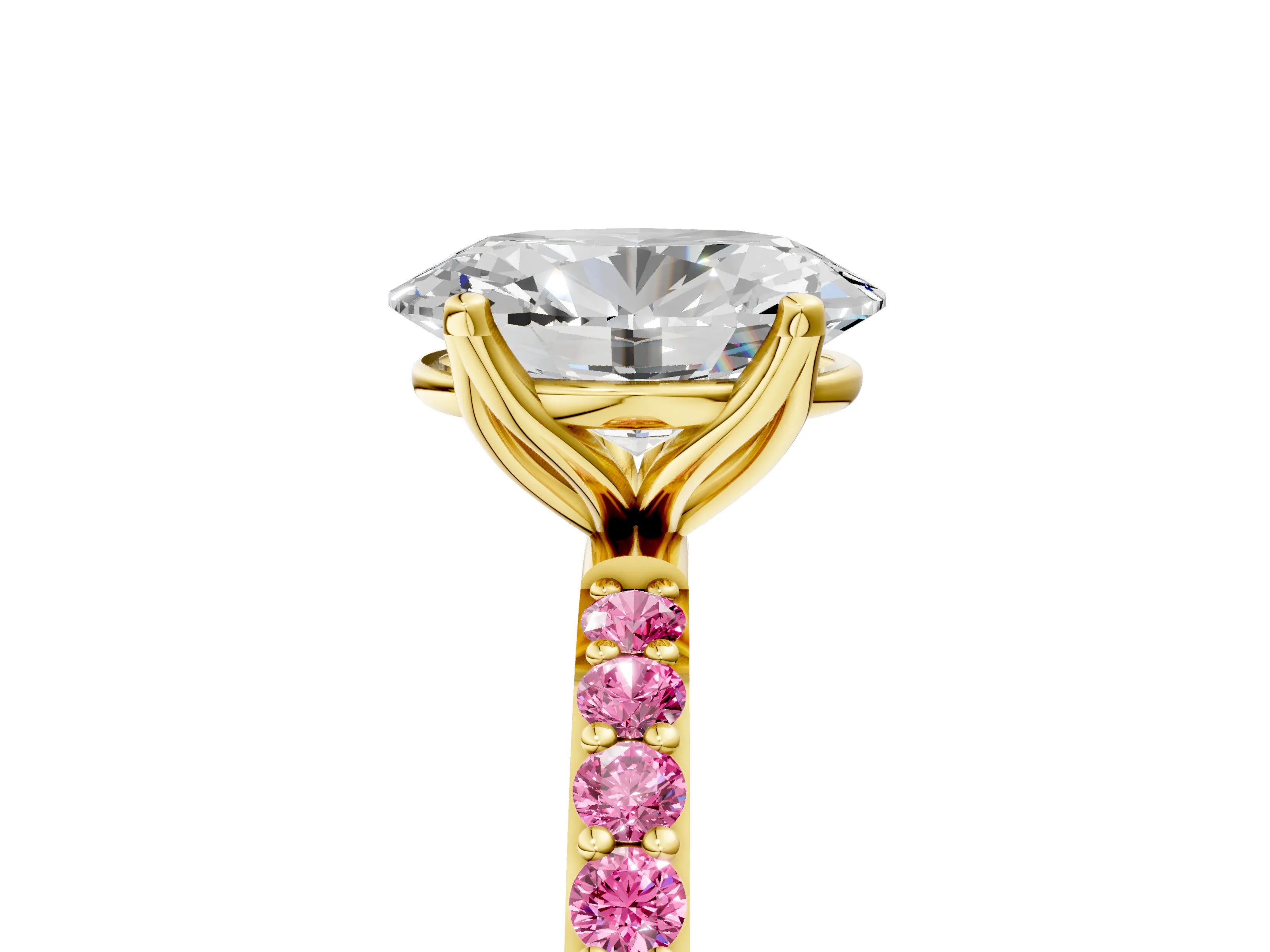 Yellow gold Oval Cut Diamond Solitaire Engagement Ring with Round with Pink Sapphire side stone Pavé Band and Prong Setting_5