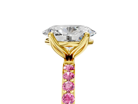 Yellow gold Oval Cut Diamond Solitaire Engagement Ring with Round with Pink Sapphire side stone Pavé Band and Prong Setting_5