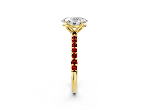 Yellow gold Oval Cut Diamond Solitaire Engagement Ring with Round with Ruby side stone Pavé Band and Prong Setting_2
