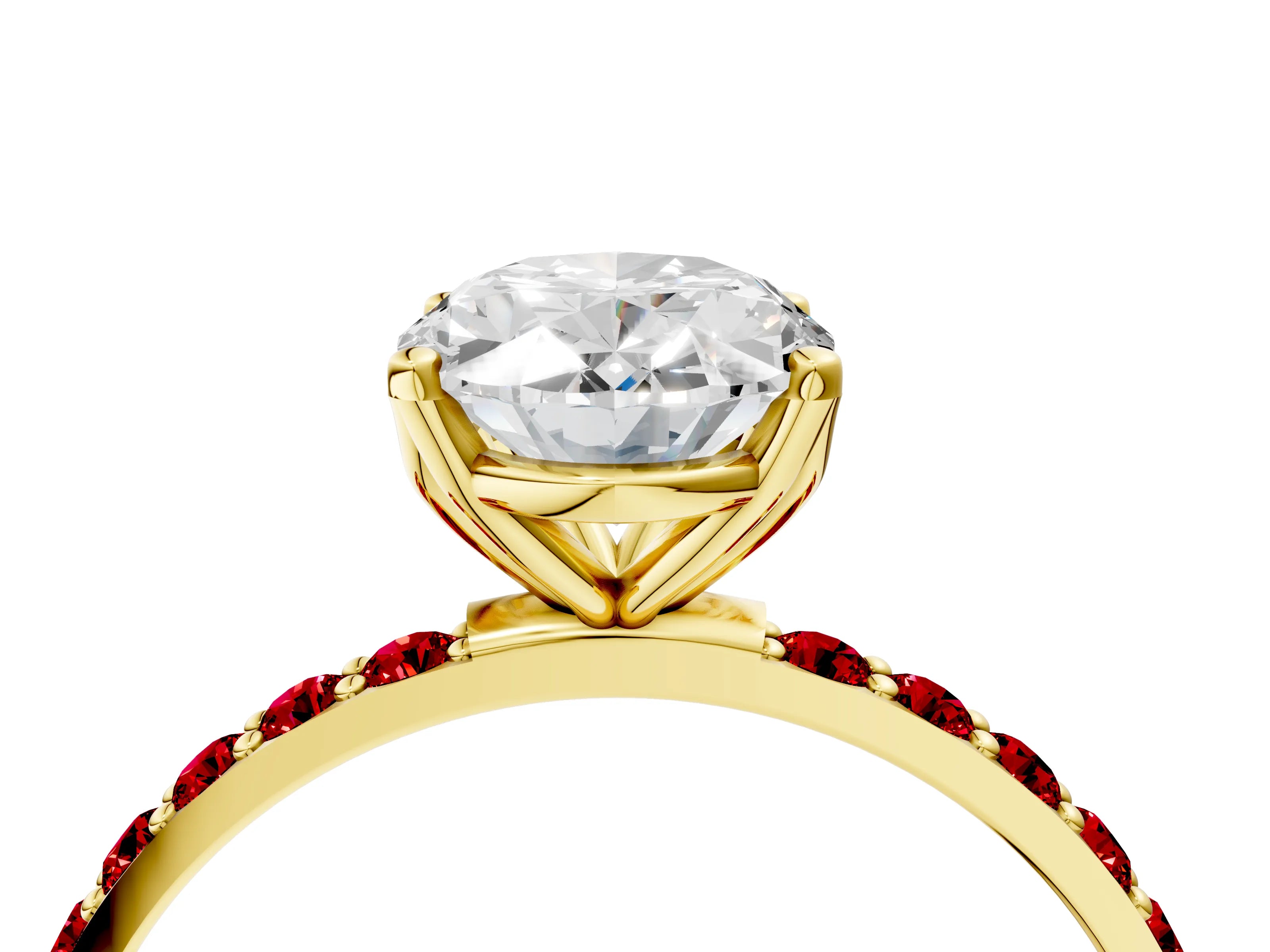 Yellow gold Oval Cut Diamond Solitaire Engagement Ring with Round with Ruby side stone Pavé Band and Prong Setting_4