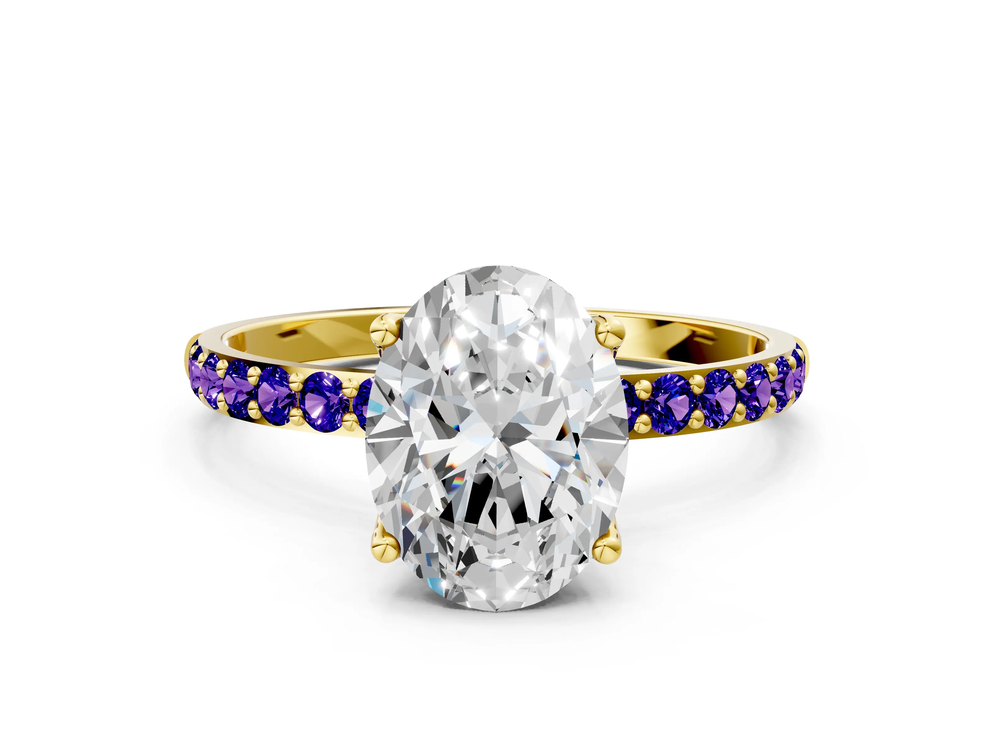 Yellow gold Oval Cut Diamond Solitaire Engagement Ring with Round with Tanzanite side stone Pavé Band and Prong Setting