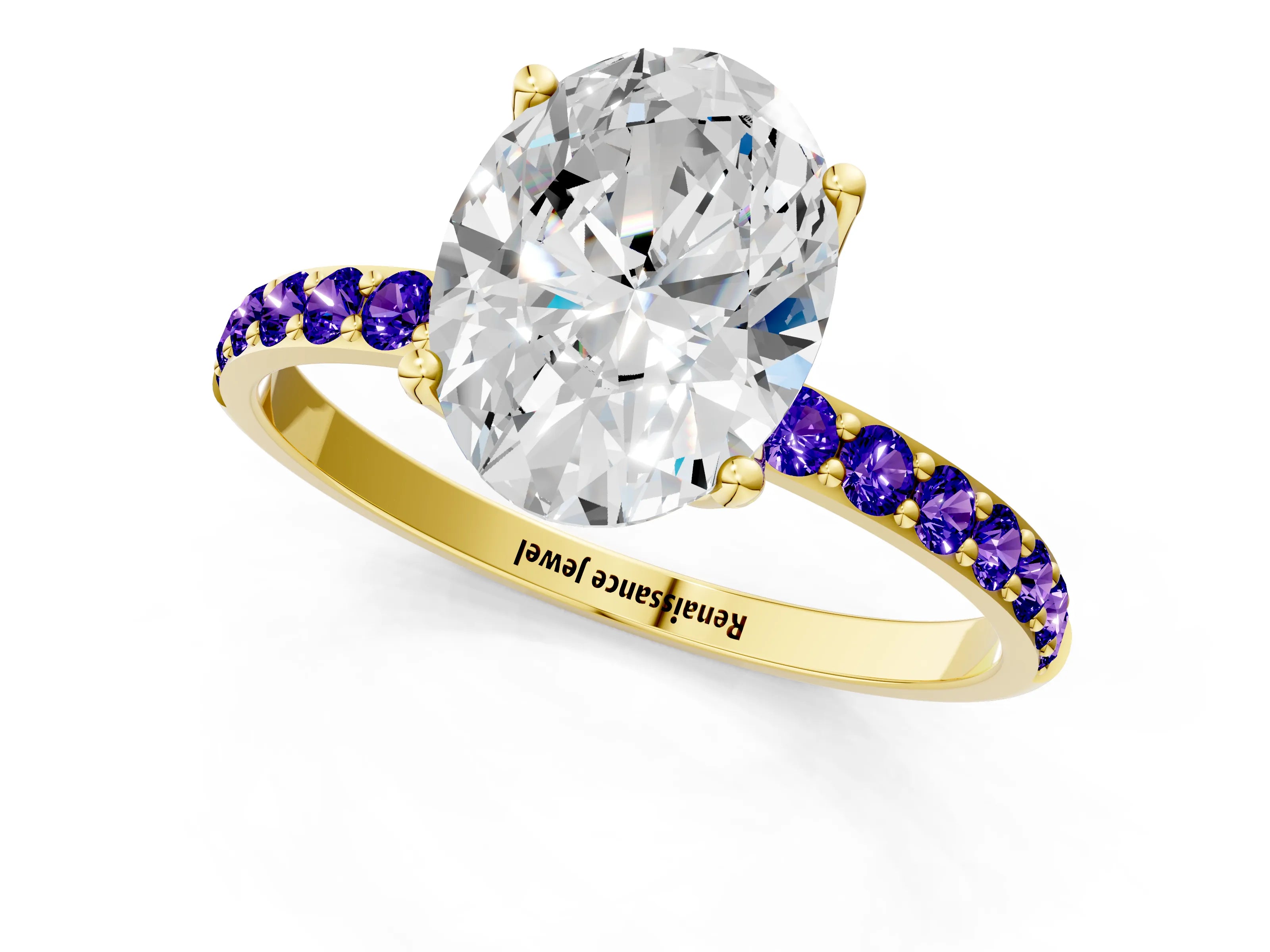 Yellow gold Oval Cut Diamond Solitaire Engagement Ring with Round with Tanzanite side stone Pavé Band and Prong Setting_1