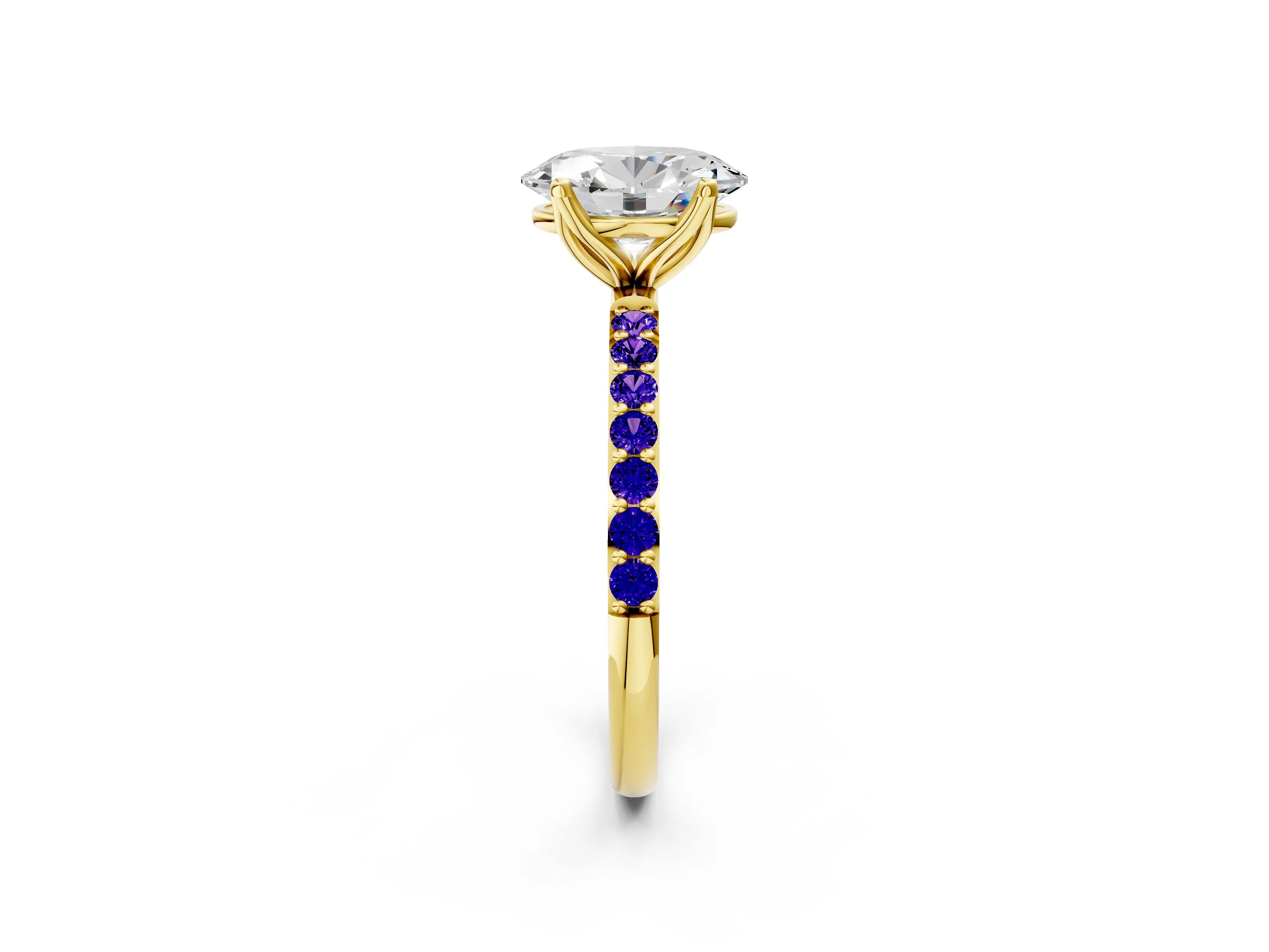 Yellow gold Oval Cut Diamond Solitaire Engagement Ring with Round with Tanzanite side stone Pavé Band and Prong Setting_2