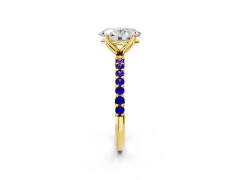 Yellow gold Oval Cut Diamond Solitaire Engagement Ring with Round with Tanzanite side stone Pavé Band and Prong Setting_2