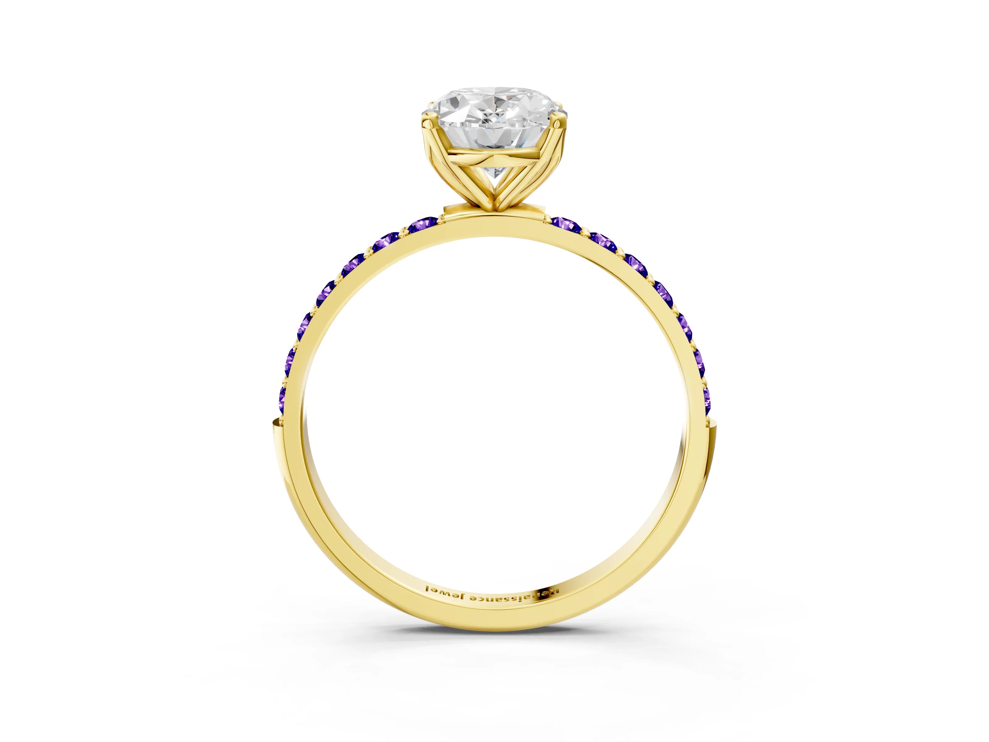 Yellow gold Oval Cut Diamond Solitaire Engagement Ring with Round with Tanzanite side stone Pavé Band and Prong Setting_3