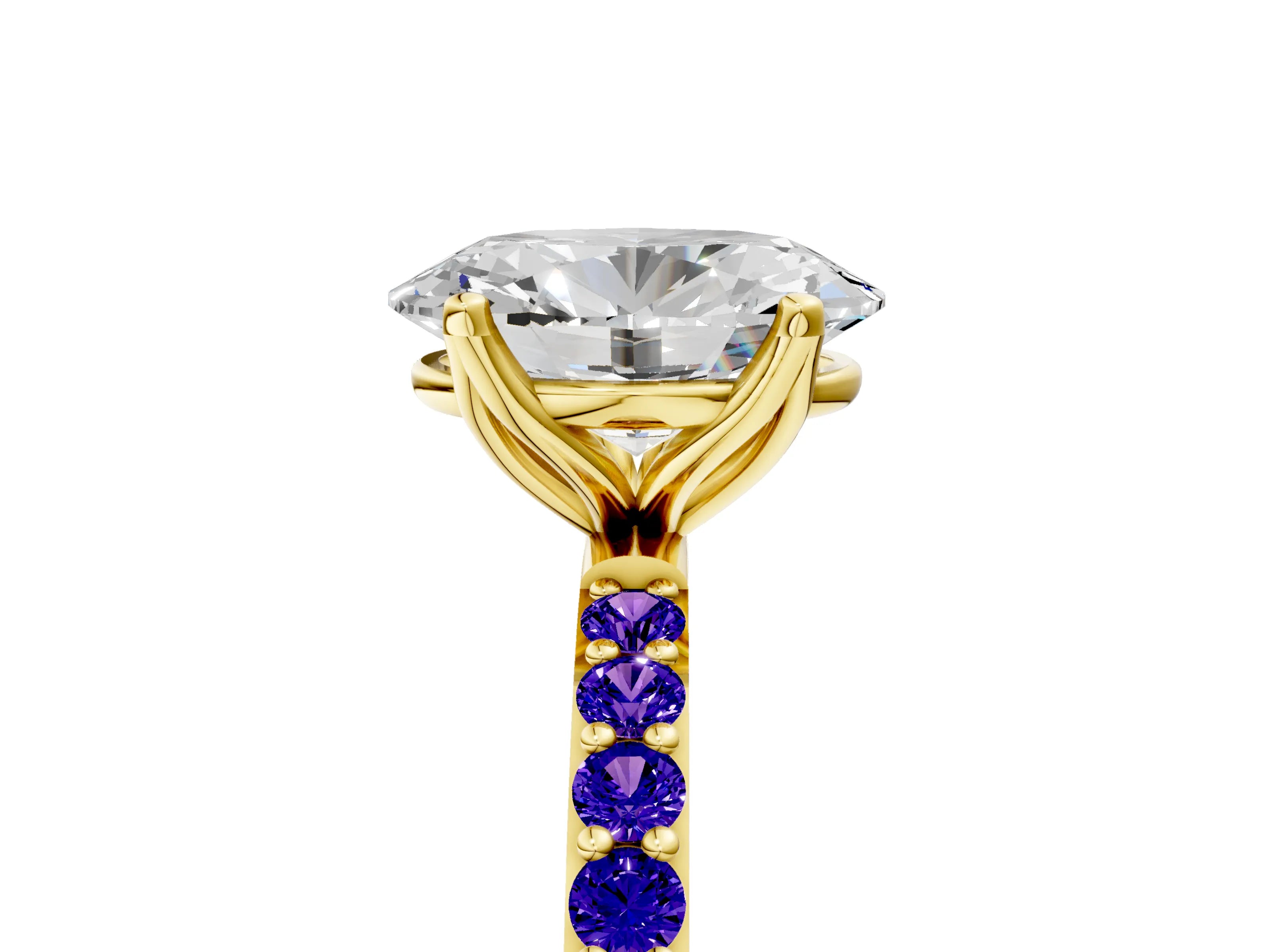 Yellow gold Oval Cut Diamond Solitaire Engagement Ring with Round with Tanzanite side stone Pavé Band and Prong Setting_5