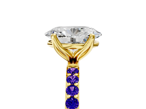 Yellow gold Oval Cut Diamond Solitaire Engagement Ring with Round with Tanzanite side stone Pavé Band and Prong Setting_5
