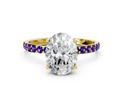 Yellow gold Oval Cut Diamond Solitaire Engagement Ring with Round with Tanzanite side stone Pavé Band and Prong Setting