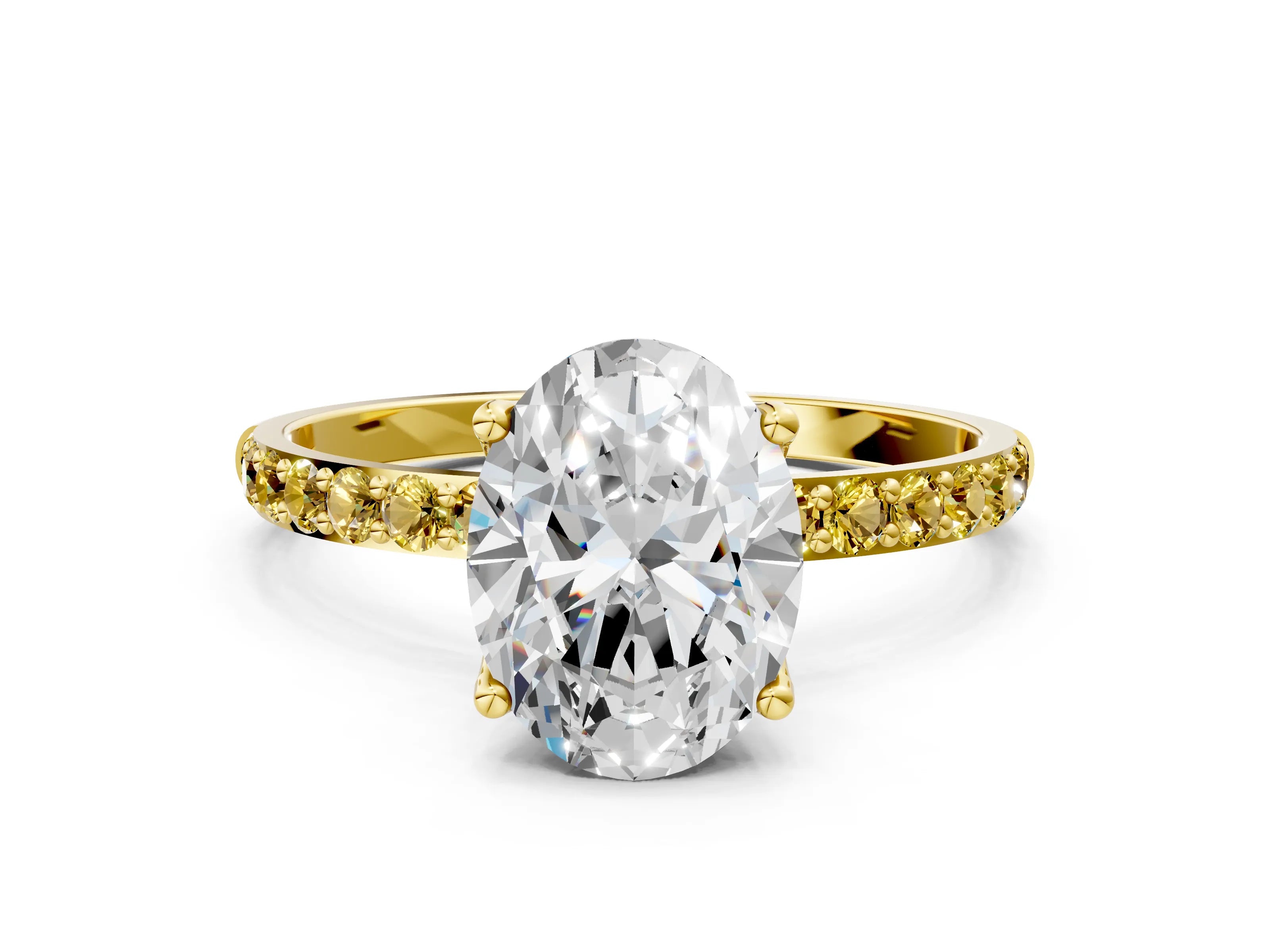 Yellow gold Oval Cut Diamond Solitaire Engagement Ring with Round with Yellow Sapphire side stone Pavé Band and Prong Setting