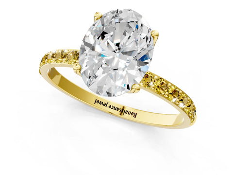 Yellow gold Oval Cut Diamond Solitaire Engagement Ring with Round with Yellow Sapphire side stone Pavé Band and Prong Setting_1