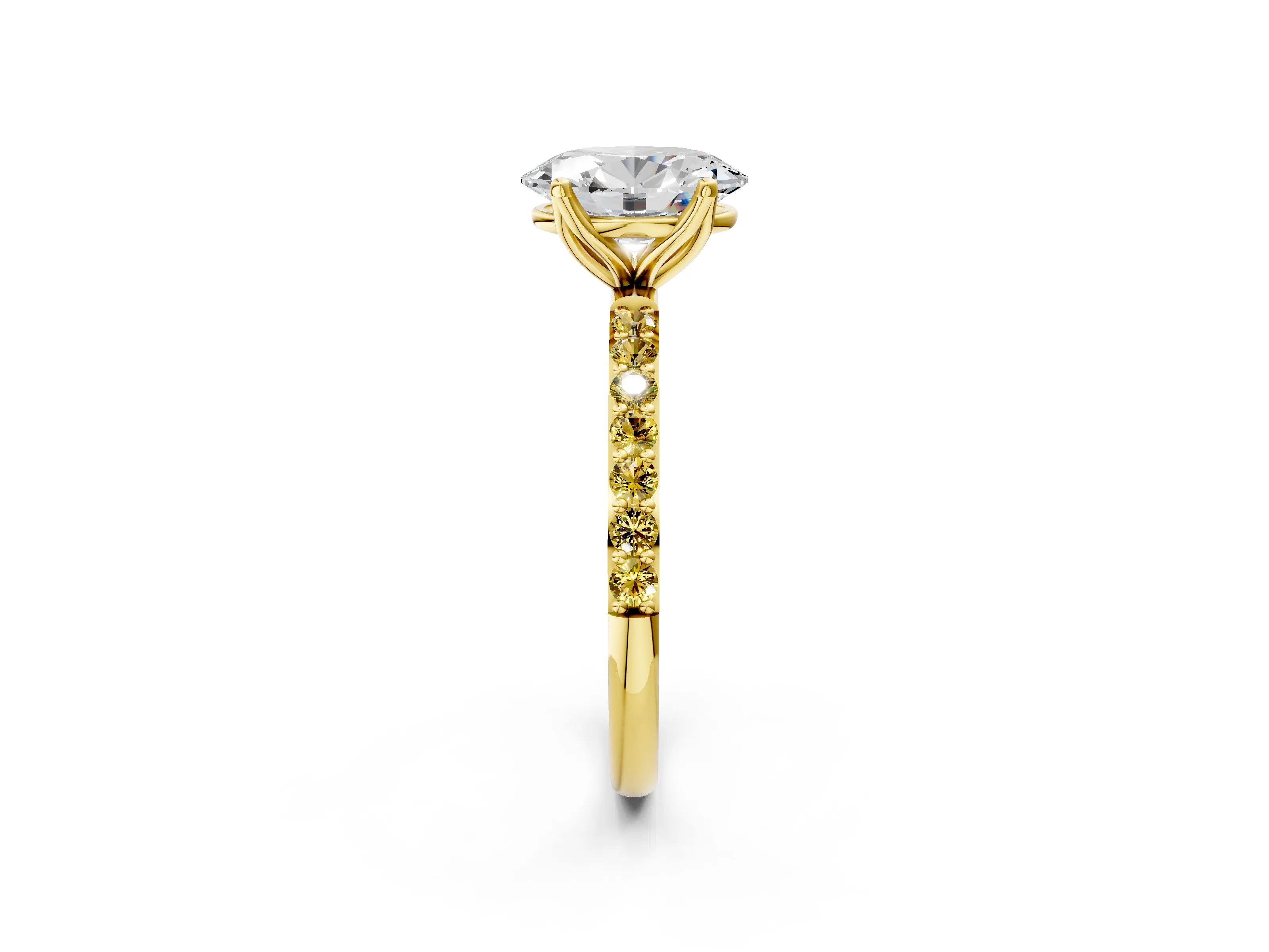 Yellow gold Oval Cut Diamond Solitaire Engagement Ring with Round with Yellow Sapphire side stone Pavé Band and Prong Setting_2