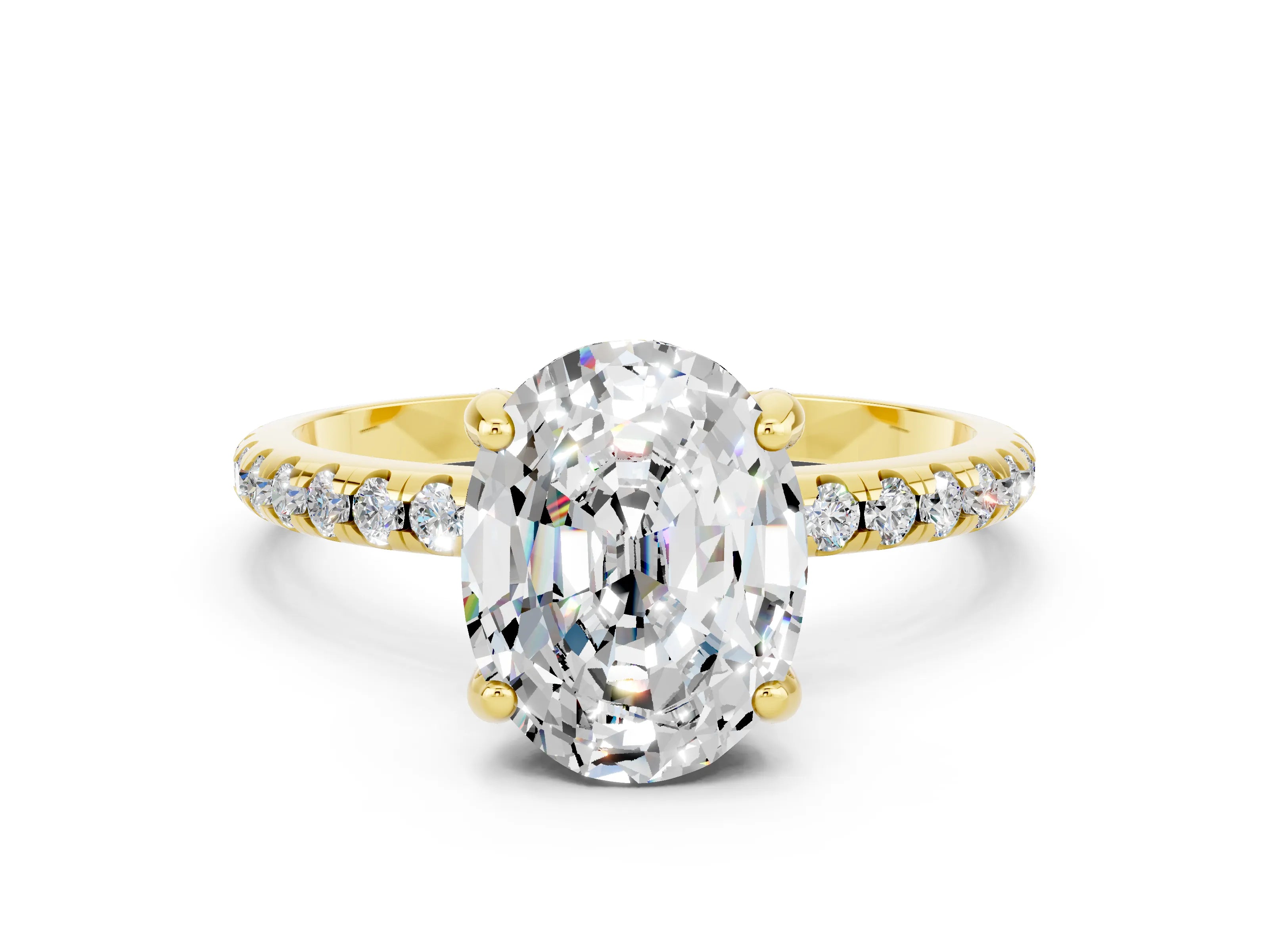 Yellow gold Oval Cut Diamond Solitaire Ring with Four-Prong Setting and Pavé Band