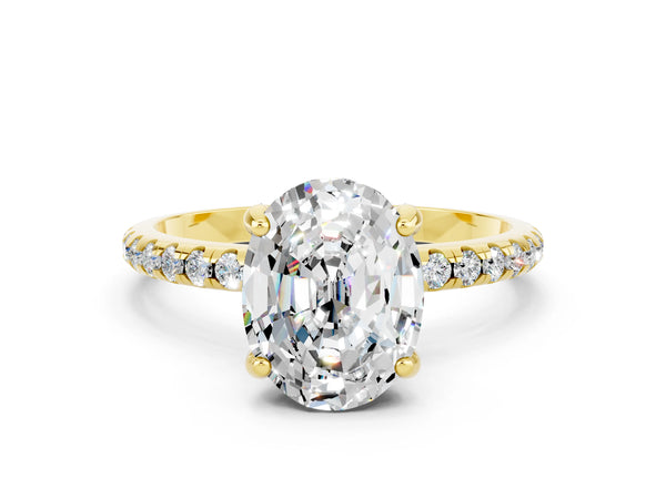Yellow gold Oval Cut Moissanite Hidden Halo Engagement Ring with Round Pavé Band and Prong Setting