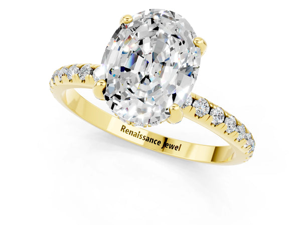 Yellow gold Oval Cut Moissanite Hidden Halo Engagement Ring with Round Pavé Band and Prong Setting
