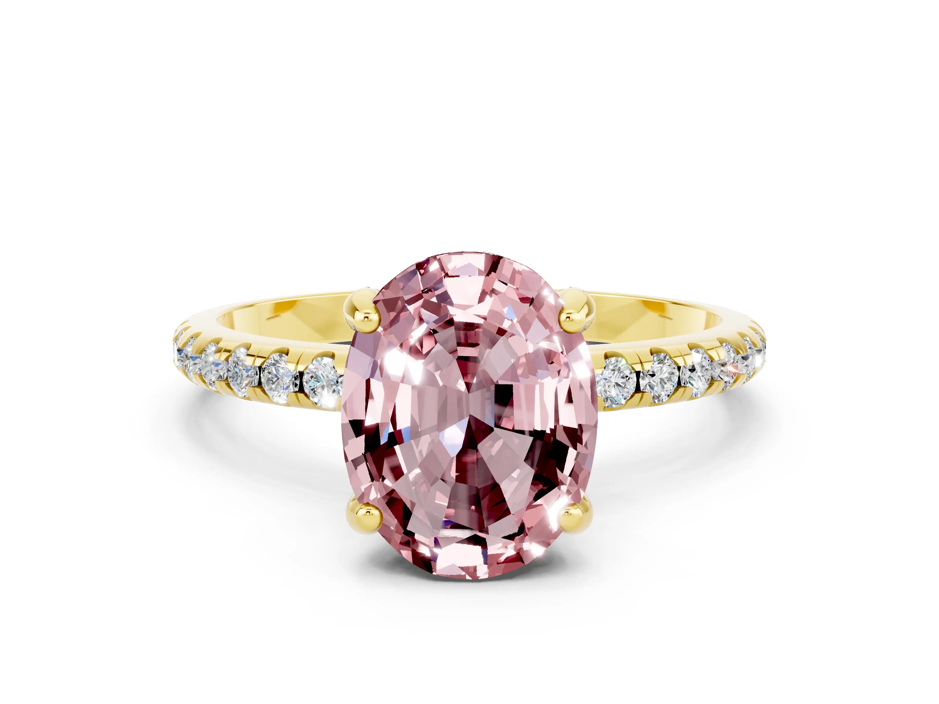 Yellow gold Oval Cut Diamond Solitaire Ring with Four-Prong Setting and Pavé Band