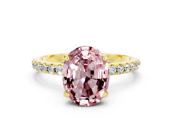 Yellow gold Oval Cut Diamond Solitaire Ring with Four-Prong Setting and Pavé Band