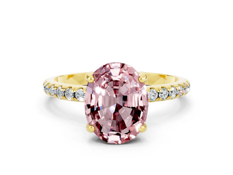 Yellow gold Oval Cut Diamond Solitaire Ring with Four-Prong Setting and Pavé Band