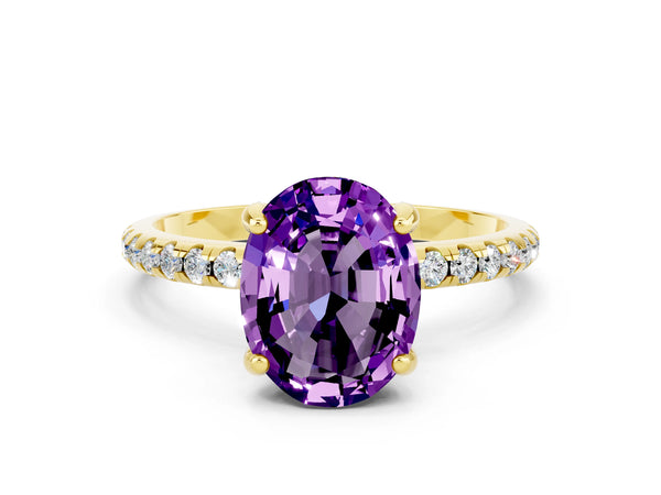 Yellow gold Oval Cut Amethyst Hidden Halo Engagement Ring with Round Pavé Band and Prong Setting