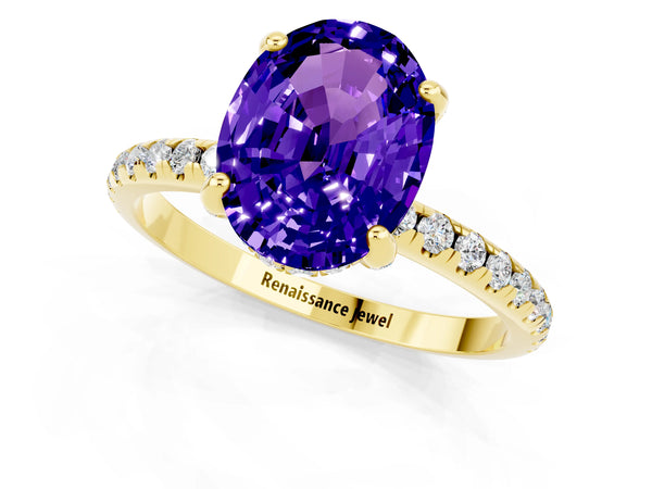 Yellow gold Oval Cut Tanzanite Hidden Halo Engagement Ring with Round Pavé Band and Prong Setting