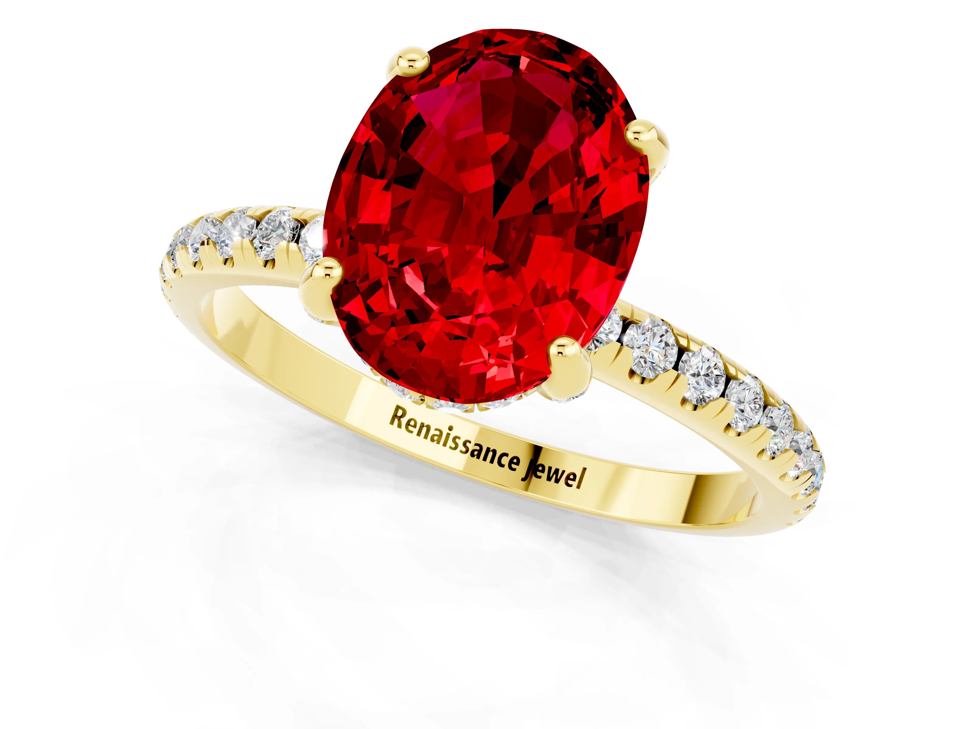 Yellow gold Oval Cut Diamond Solitaire Ring with Four-Prong Setting and Pavé Band_1