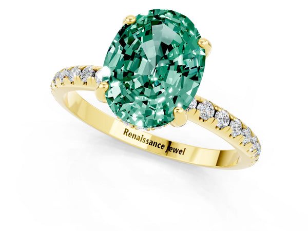 Yellow gold Oval Cut Green Sapphire Hidden Halo Engagement Ring with Round Pavé Band and Prong Setting