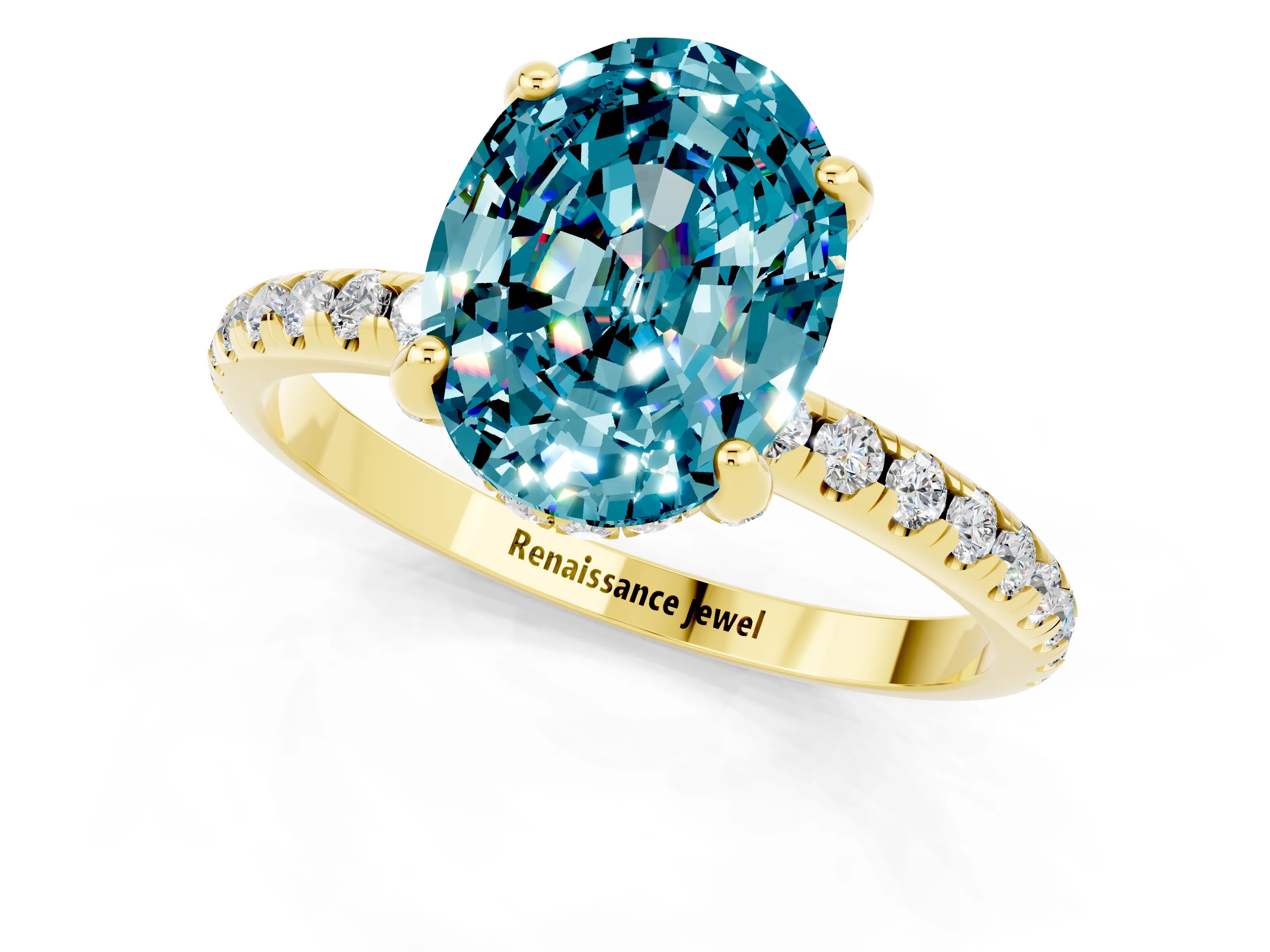 Yellow gold Oval Cut Diamond Solitaire Ring with Four-Prong Setting and Pavé Band_1