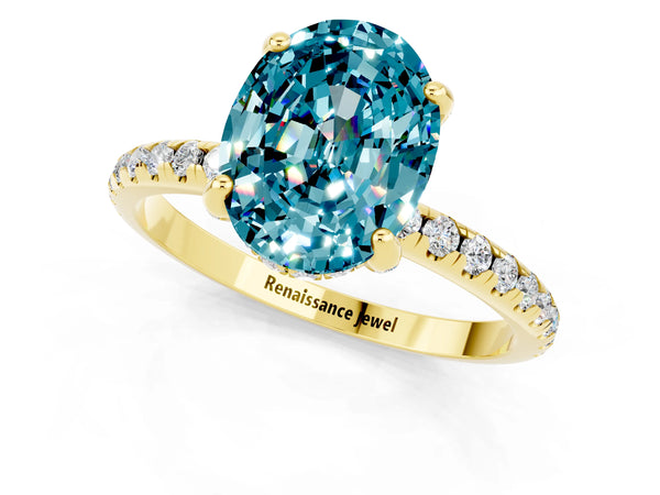 Yellow gold Oval Cut Diamond Solitaire Ring with Four-Prong Setting and Pavé Band