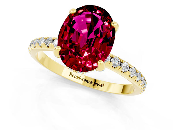 Yellow gold Oval Cut Garnet Hidden Halo Engagement Ring with Round Pavé Band and Prong Setting