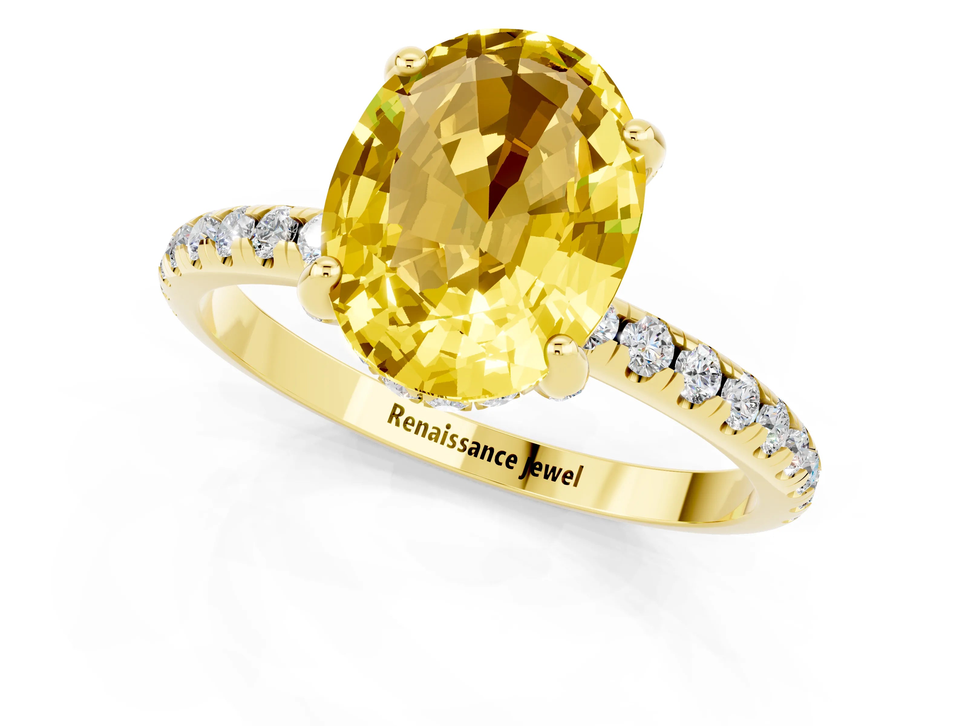 Yellow gold Oval Cut Diamond Solitaire Ring with Four-Prong Setting and Pavé Band_1