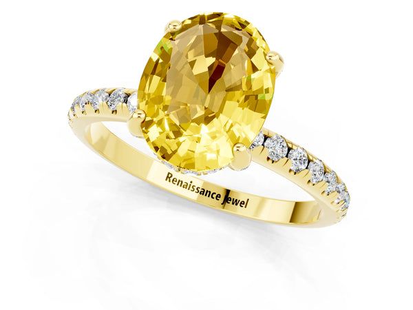 Yellow gold Oval Cut Yellow Sapphire Hidden Halo Engagement Ring with Round Pavé Band and Prong Setting