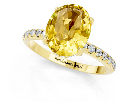 Yellow gold Oval Cut Diamond Solitaire Ring with Four-Prong Setting and Pavé Band_1