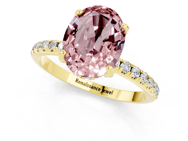 Yellow gold Oval Cut Diamond Solitaire Ring with Four-Prong Setting and Pavé Band