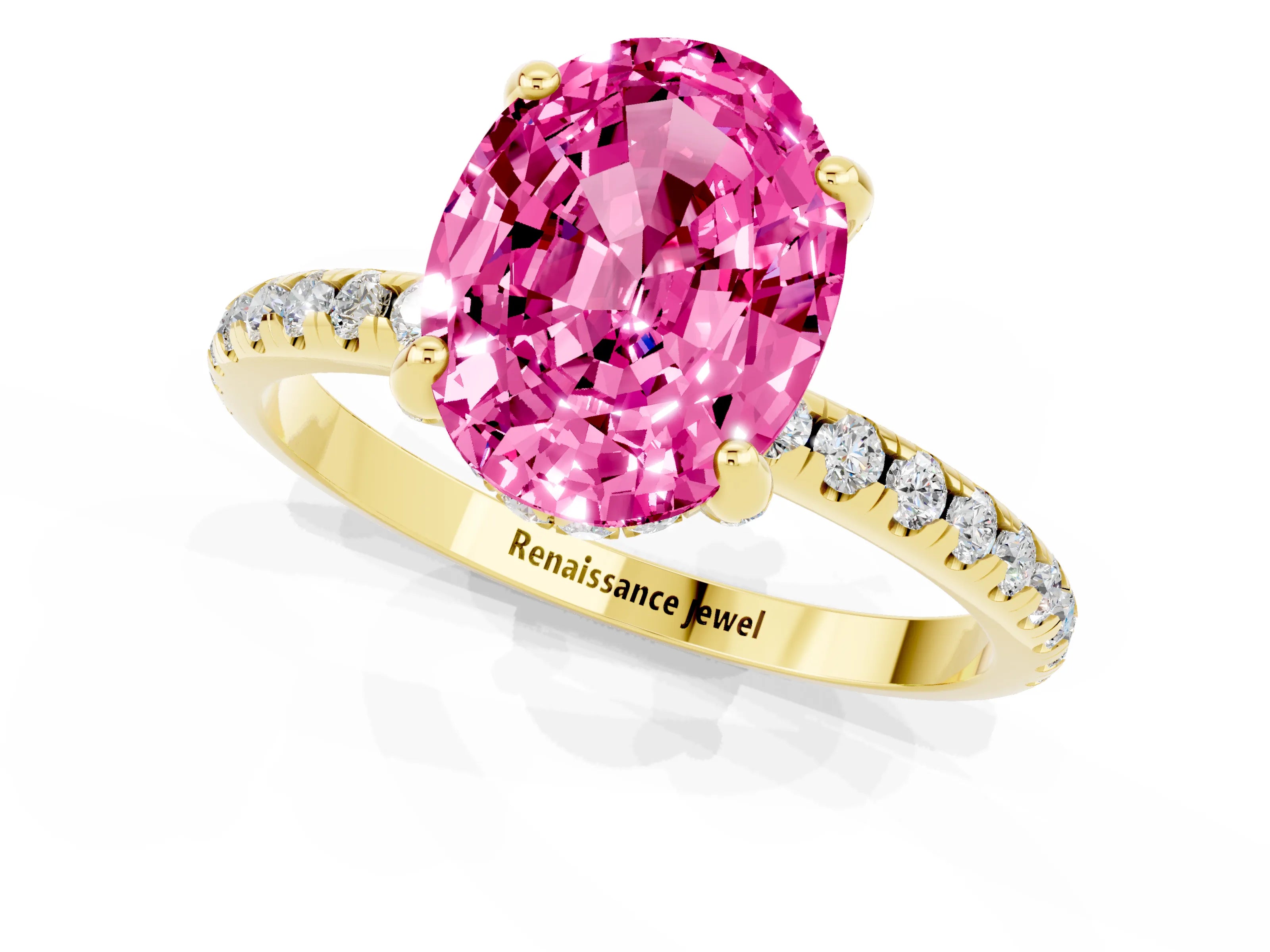 Yellow gold Oval Cut Diamond Solitaire Ring with Four-Prong Setting and Pavé Band_1