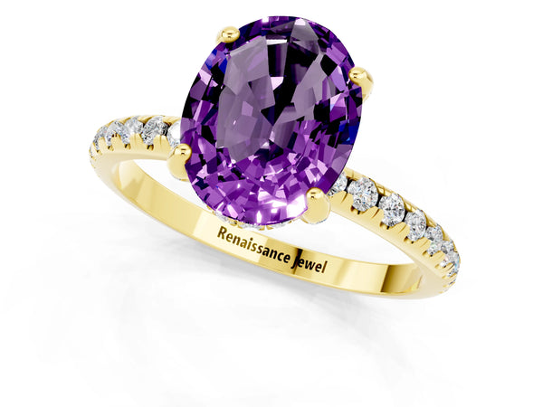 Yellow gold Oval Cut Amethyst Hidden Halo Engagement Ring with Round Pavé Band and Prong Setting