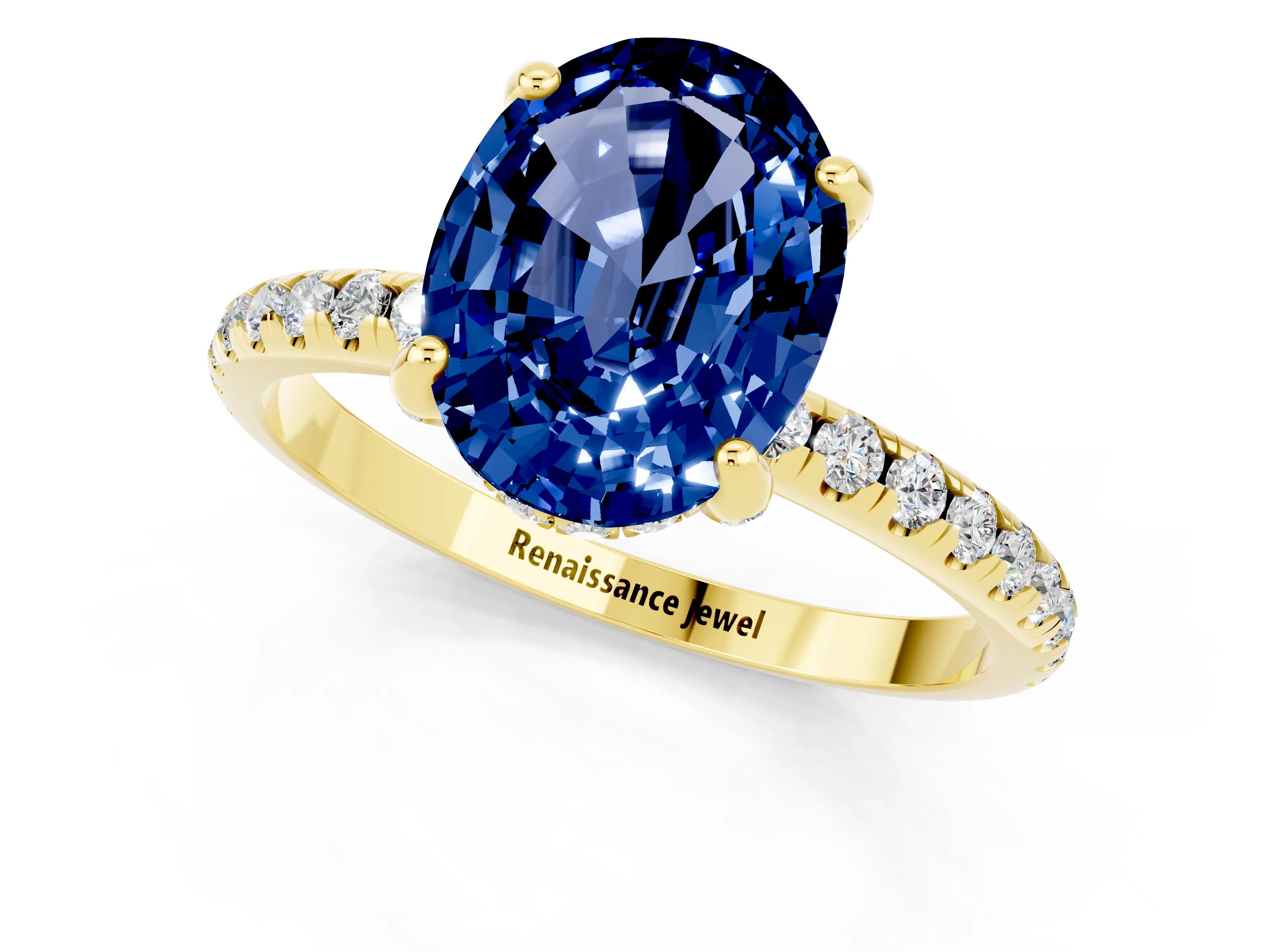 Yellow gold Oval Cut Diamond Solitaire Ring with Four-Prong Setting and Pavé Band_1