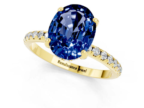 Yellow gold Oval Cut Diamond Solitaire Ring with Four-Prong Setting and Pavé Band_1