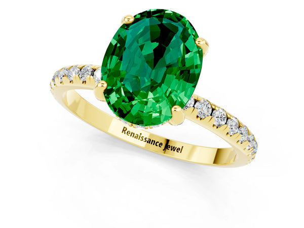 Yellow gold Oval Cut Emerald Hidden Halo Engagement Ring with Round Pavé Band and Prong Setting