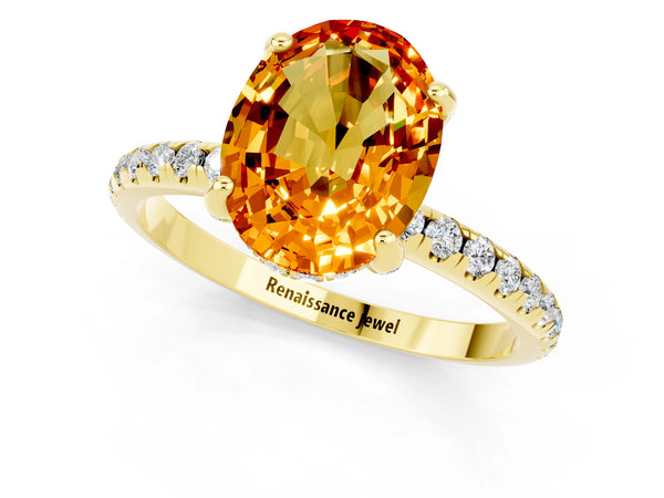 Yellow gold Oval Cut Citrine Hidden Halo Engagement Ring with Round Pavé Band and Prong Setting