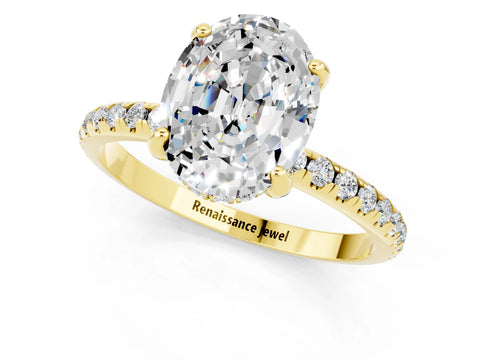Yellow gold Oval Cut Diamond Solitaire Ring with Four-Prong Setting and Pavé Band_1