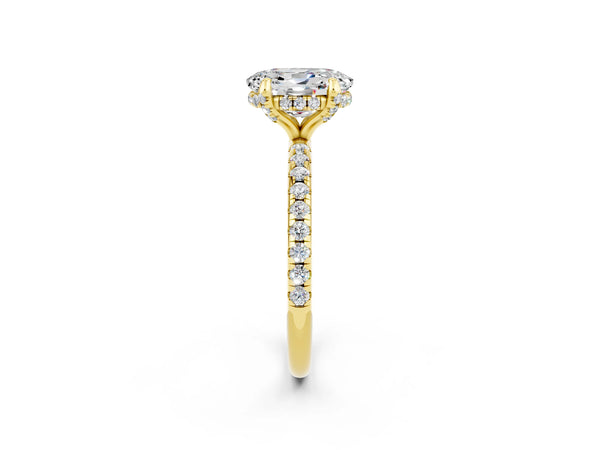 Yellow gold Oval Cut Moissanite Hidden Halo Engagement Ring with Round Pavé Band and Prong Setting