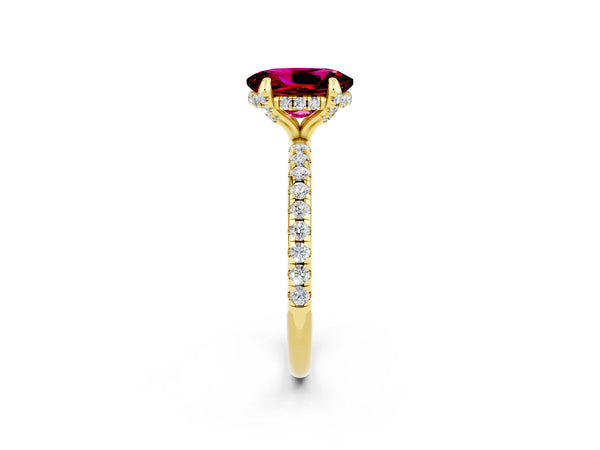 Yellow gold Oval Cut Garnet Hidden Halo Engagement Ring with Round Pavé Band and Prong Setting