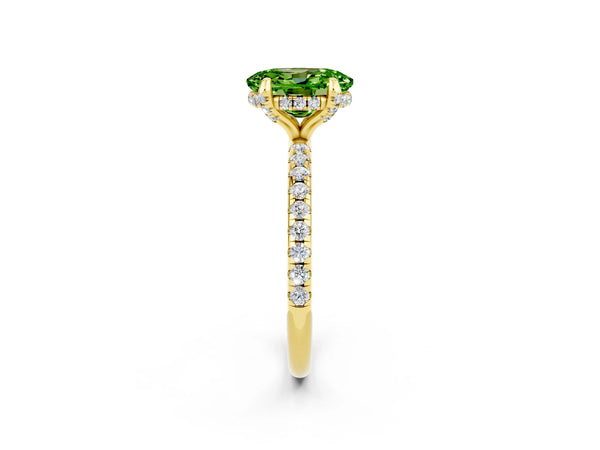 Yellow gold Oval Cut Diamond Solitaire Ring with Four-Prong Setting and Pavé Band