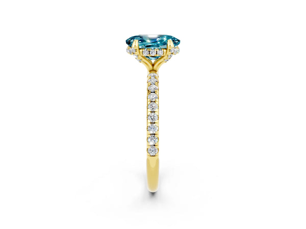 Yellow gold Oval Cut Diamond Solitaire Ring with Four-Prong Setting and Pavé Band