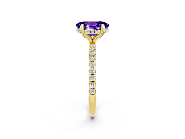 Yellow gold Oval Cut Tanzanite Hidden Halo Engagement Ring with Round Pavé Band and Prong Setting